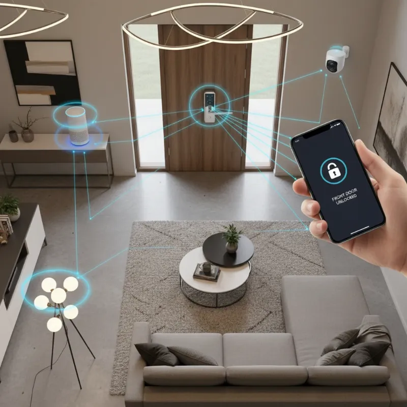 various smart devices interconnected, showing seamless home automation and security